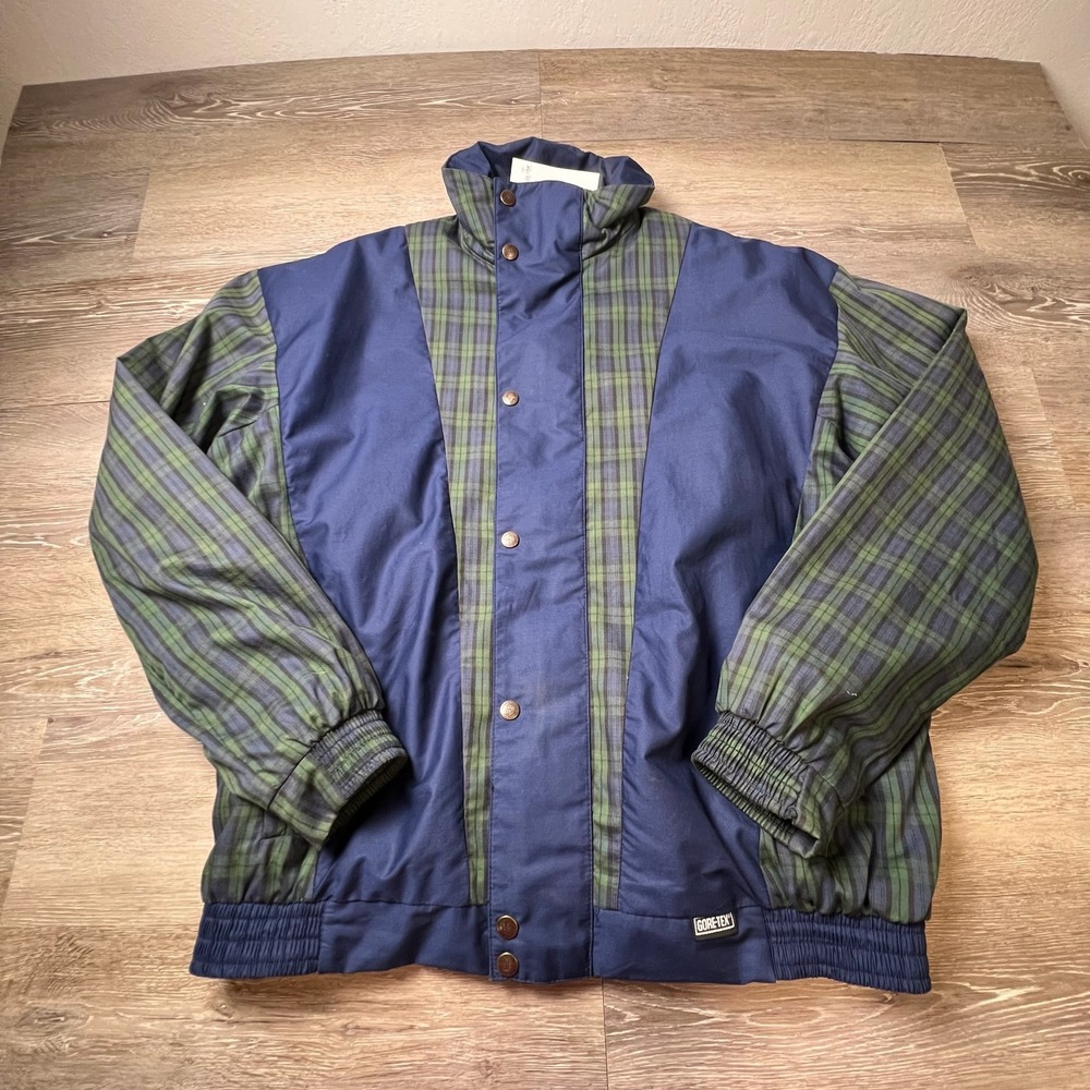 Gore-Tex Jacket Mens Medium Navy Green Plaid Vintage 80s Waterproof Windbreaker